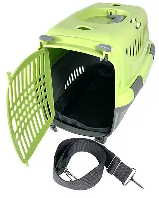 АКЦИЯ ZOOexpress переноска «Турне» для собак и кошек с пластиковой дверцей, ковриком и ремнем, зеленая