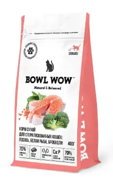 Купить bowl wow сухой корм для стерилизованных кошек, с лососем, белой рыбой и брокколи