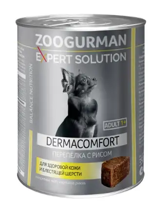 Купить ЗООГУРМАН expert solution dermacomfort консервы для собак для здоровой кожи и блестящей шерсти с перепелкой и рисом