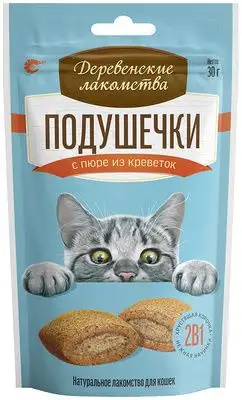 Купить Деревенские лакомства для кошек подушечки с пюре из креветок