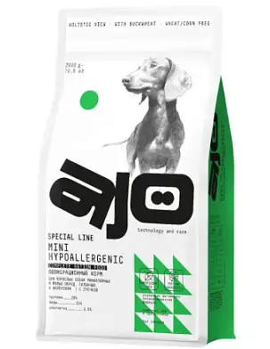 AJO Mini Hypoallergenic сухой гипоаллергенный корм для взрослых собак мелких и миниатюрных пород при пищевой аллергии с индейкой и гречкой