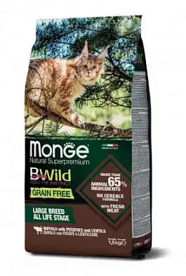 Monge Cat BWild Grain Free сухой беззерновой корм для крупных кошек с мясом буйвола