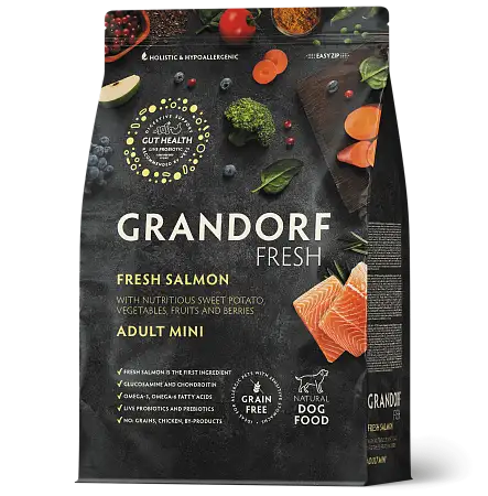 Купить grandorf fresh сухой беззерновой корм для взрослых собак мелких пород с живыми пробиотиками, лосось с бататом