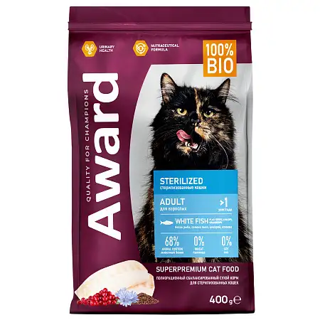 Купить award sterilized сухой корм для взрослых стерилизованных кошек с белой рыбой