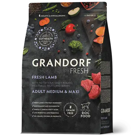 Купить grandorf fresh сухой беззерновой корм для взрослых собак средних и крупных пород с живыми пробиотиками, ягненок с бататом