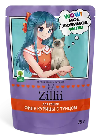 Купить zilli влажный корм для взрослых и стерилизованных кошек, курица с тунцом в желе (пауч)
