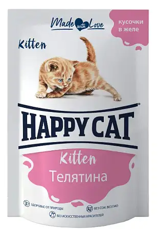 Купить happy cat влажный корм для котят телятина кусочки в желе (пауч)
