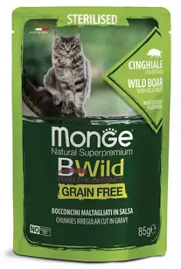 Monge Cat BWild Grain Free влажный беззерновой корм для стерилизованных кошек с мясом дикого кабана и овощами (пауч)