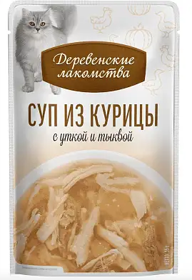 Деревенские лакомства набор паучей для кошек Суп из курицы с уткой и тыквой 