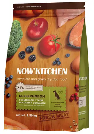 Купить now’ kitchen grain free сухой беззерновой корм для взрослых собак всех пород с индейкой, уткой, лососем и овощами
