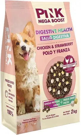 Купить pink mega boost "digestive" сухой корм для собак всех возрастов, для чувствительного пищеварения, Курица с клубникой, 2 гранулы