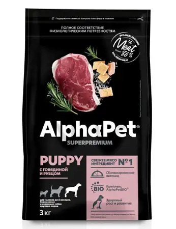 Купить alphapet superpremium сухой корм для щенков крупных пород с говядиной и рубцом