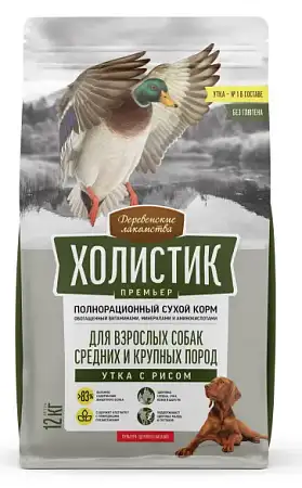 Купить Деревенские лакомства Холистик Премьер сухой корм для взрослых собак средних и крупных пород с уткой и рисом