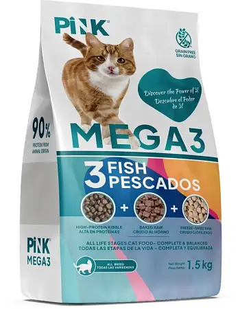 Купить pink mega 3 сухой корм для кошек, с тремя видами рыбы, 3 гранулы