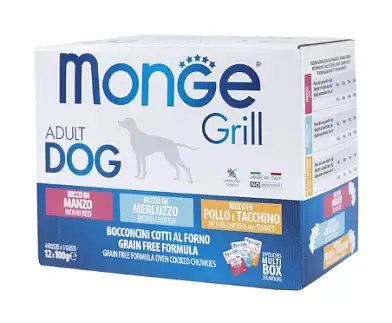Monge Dog Grill влажный корм для собак с говядиной, с треской, с курицей и индейкой, бокс с паучами