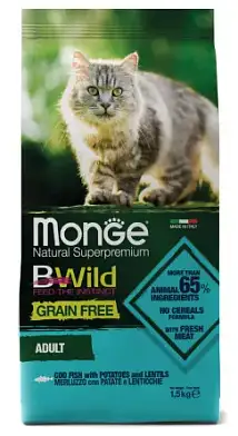 Monge Cat BWild Grain Free сухой беззерновой корм для взрослых кошек с треской