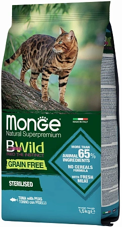Купить monge cat bwild grain free сухой беззерновой корм для стерилизованных кошек с тунцом