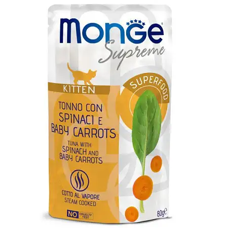 Купить monge supreme kitten для котят из тунца со шпинатом и мини-морковью (пауч)