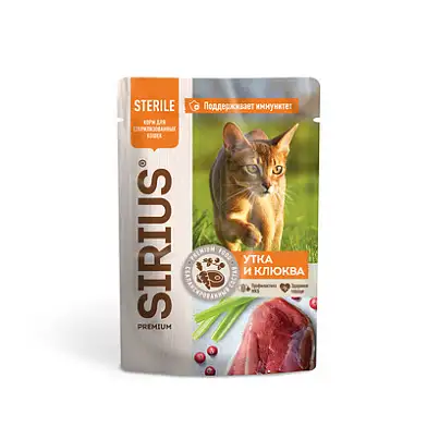 Sirius паучи для стерилизованных кошек, кусочки в соусе, утка с клюквой