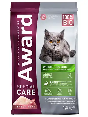 AWARD SPECIAL CARE Weight Control сухой корм для взрослых стерилизованных кошек для контроля веса со свежим мясом кролика