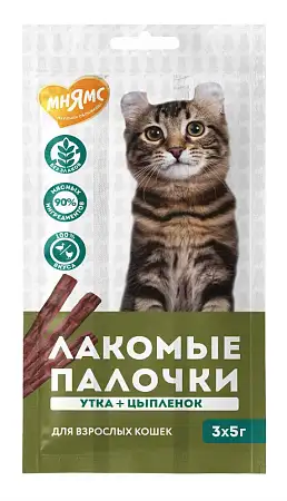 Купить Мнямс Лакомство лакомые палочки для кошек из цыпленка и утки