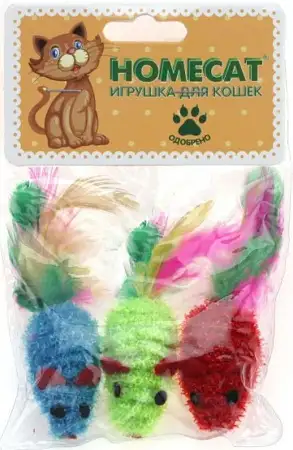 Купить homecat игрушка для кошек мышки разноцветные с пером гремящие