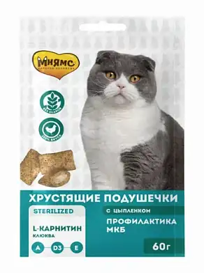 Мнямс Лакомство хрустящие подушечки для стерилизованных кошек «Профилактика МКБ», с цыпленком и клюквой