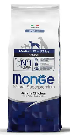 Купить monge dog medium сухой корм для пожилых собак средних пород с курицей