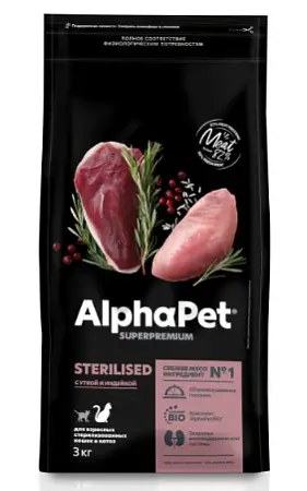 Купить alphapet superpremium сухой корм для взрослых стерилизованных кошек и котов с уткой и индейкой