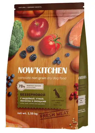 Купить now’ kitchen grain free сухой беззерновой корм для пожилых собак всех пород с индейкой, уткой, лососем и овощами