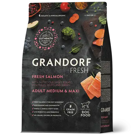 Купить grandorf fresh сухой беззерновой корм для взрослых собак средних и крупных пород с живыми пробиотиками, лосось с бататом