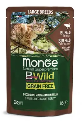 Monge Cat BWild Grain Free влажный беззерновой корм для кошек крупных пород с мясом буйвола и овощами (пауч)